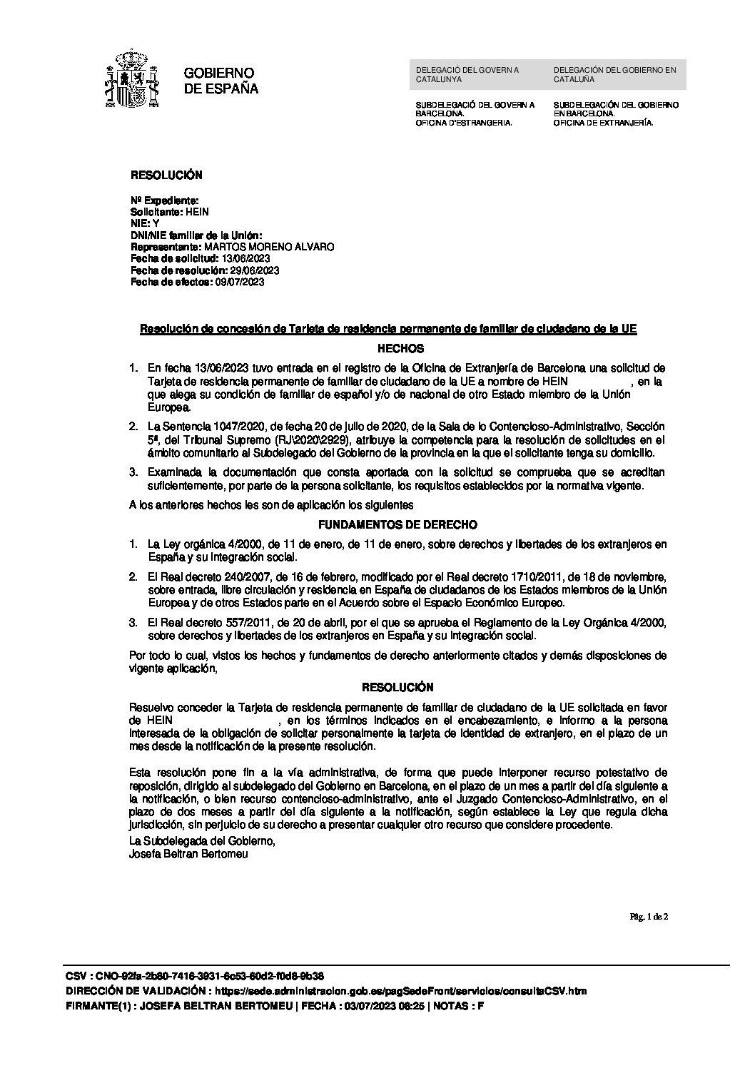 Lee más sobre el artículo Resolución de concesión de Tarjeta de residencia permanente de familiar de ciudadano de la UE