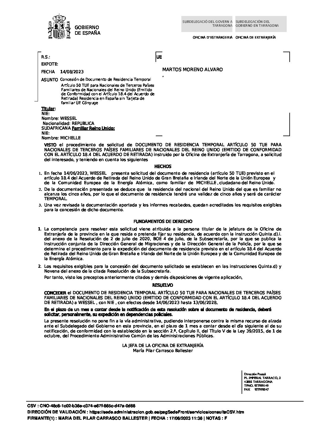 Lee más sobre el artículo Resolución favorable de documento de residencia temporal Art. 50 TUE